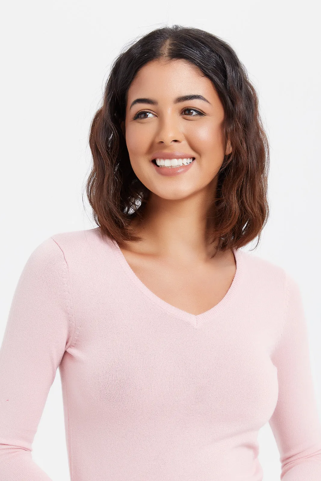 Women Pink Basic V Neck Pullover