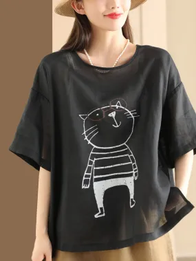 Women Summer Cartoon Cat Print Ramie Pullover Shirt OO1034