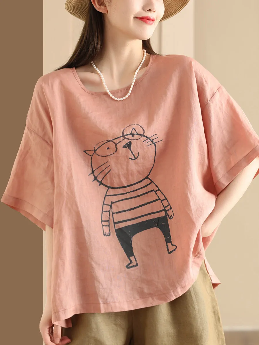 Women Summer Cartoon Cat Print Ramie Pullover Shirt OO1034