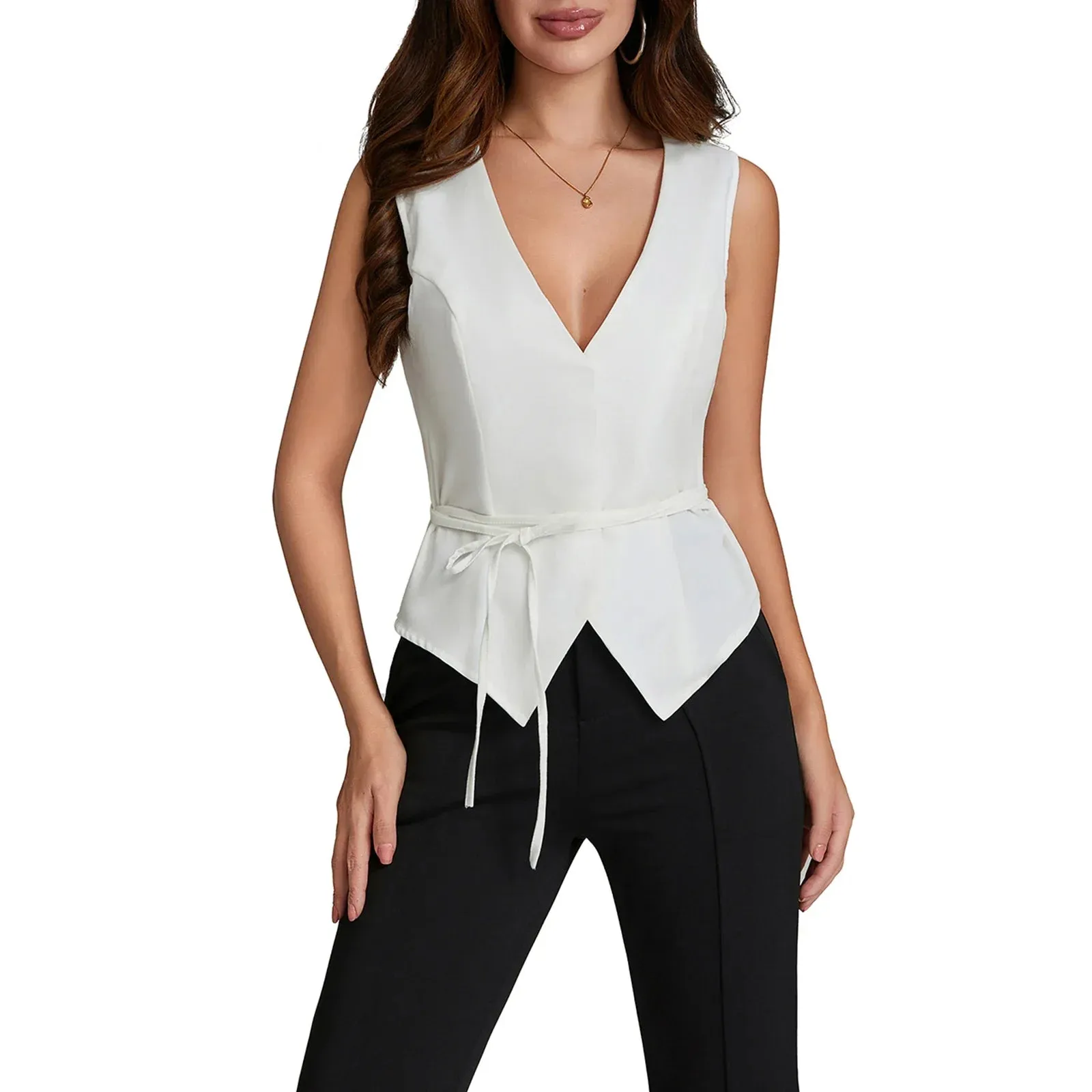 Women's Fashion Waistcoat Solid Color Sleeveless V-neck Tie-up Vest Tank Y2k Top