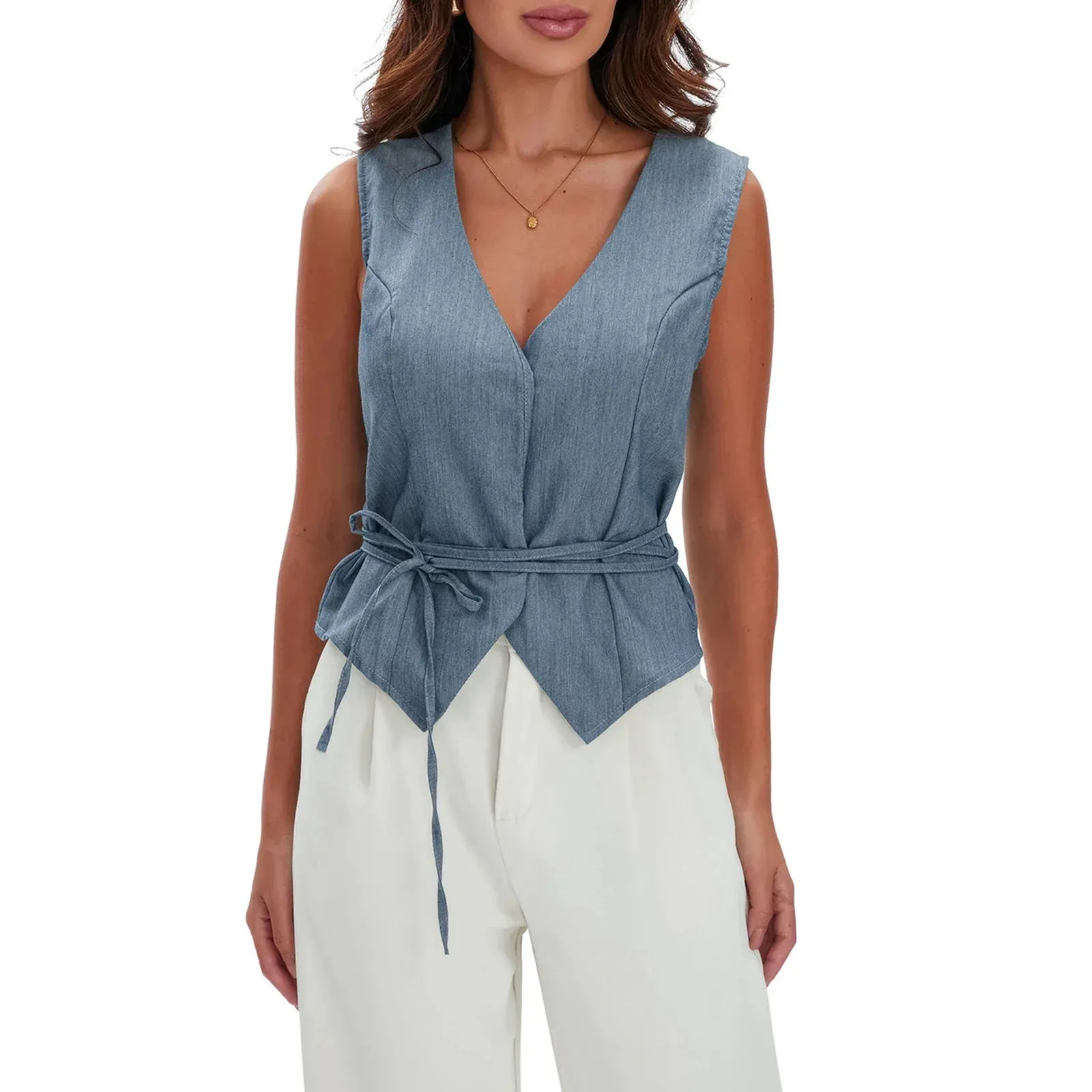 Women's Fashion Waistcoat Solid Color Sleeveless V-neck Tie-up Vest Tank Y2k Top