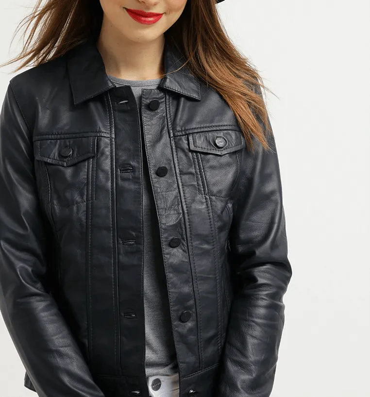 Women's Leather Jacket Black Casual Shirt Lambskin Leather Jacket