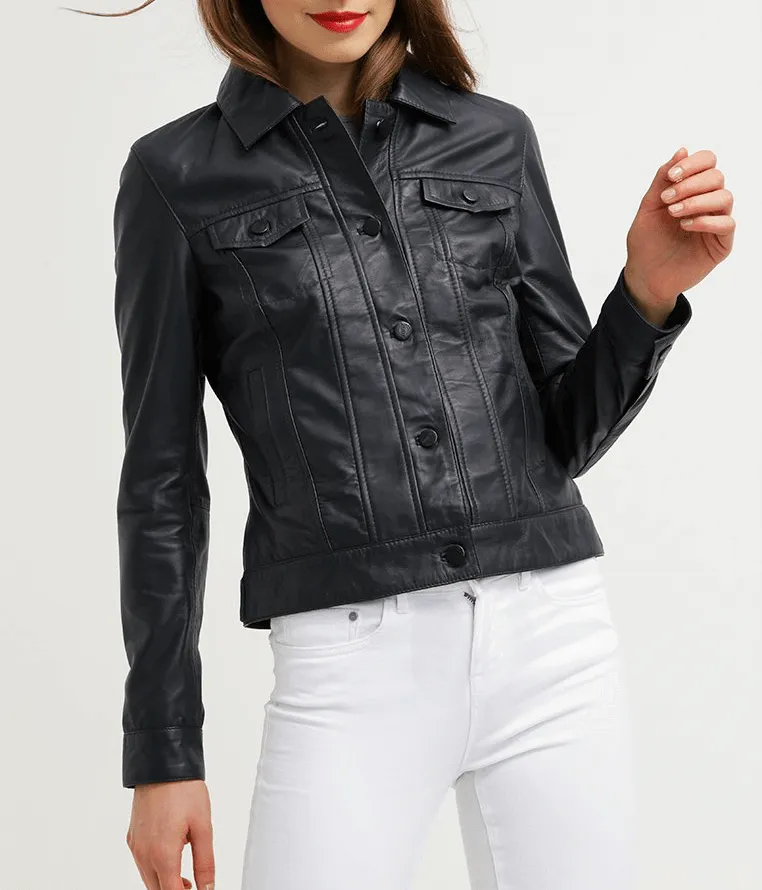 Women's Leather Jacket Black Casual Shirt Lambskin Leather Jacket