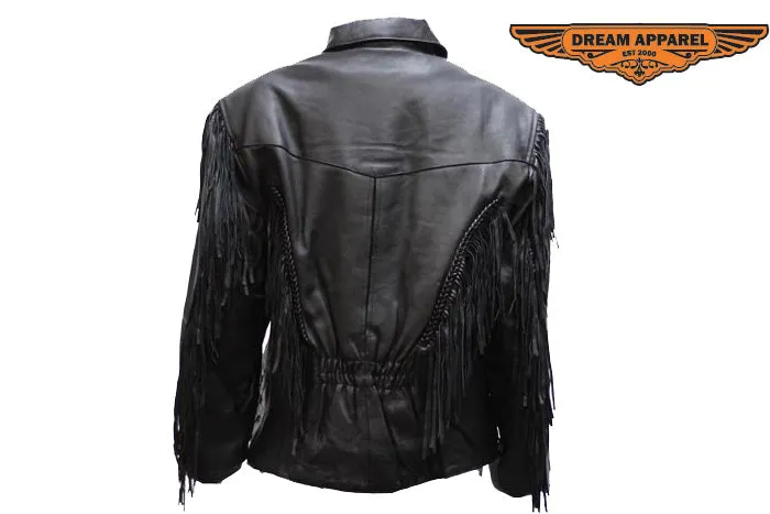 Women's Leather Motorcycle Jacket With Braid & Fringes