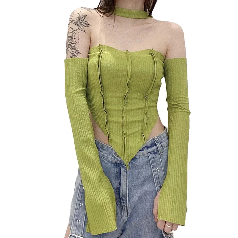 Women's Off Shoulder Halter Neck Solid Color Long Sleeve Spring Summer Irregular Hem Streetwear Tank Y2k Top