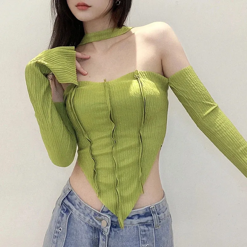 Women's Off Shoulder Halter Neck Solid Color Long Sleeve Spring Summer Irregular Hem Streetwear Tank Y2k Top