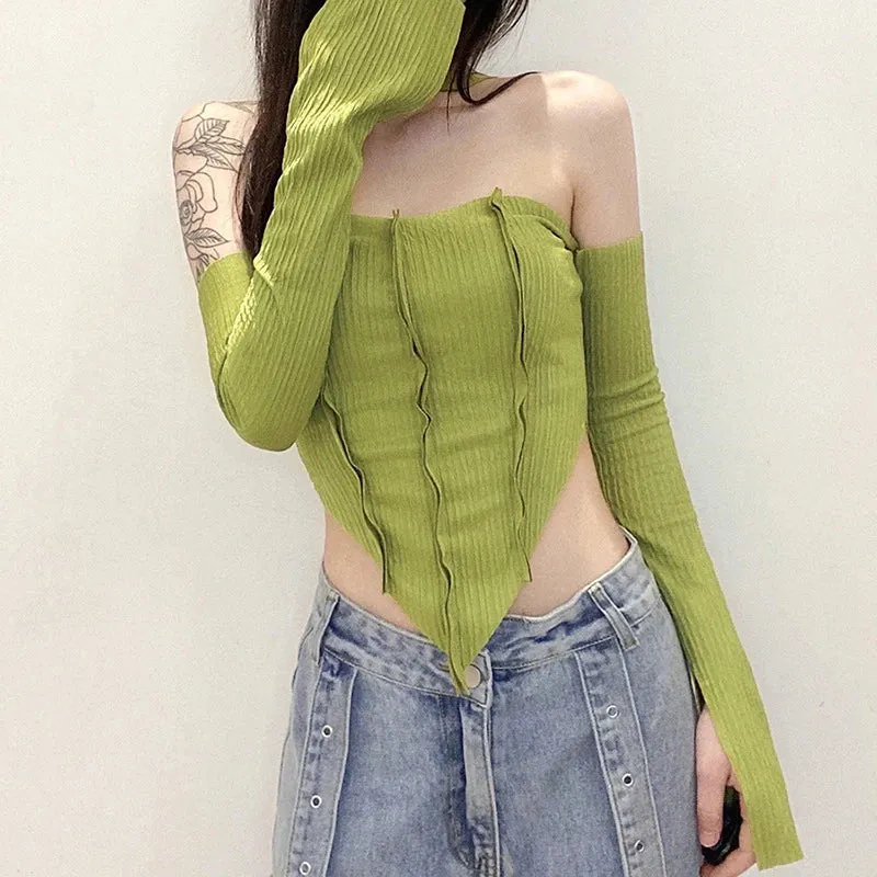 Women's Off Shoulder Halter Neck Solid Color Long Sleeve Spring Summer Irregular Hem Streetwear Tank Y2k Top