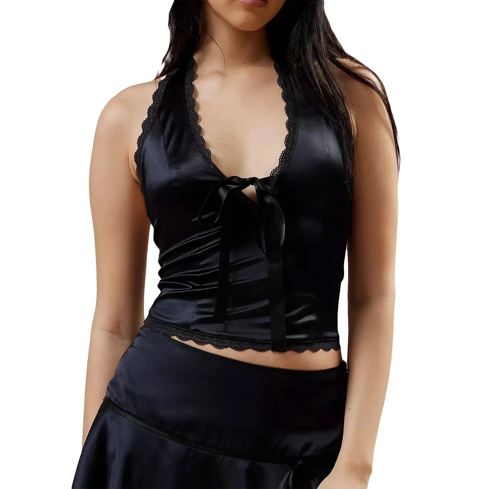 Women's Satin Halter Vest Lace Trim Front Bowknot V-Neck Backless Cropped Tank Y2k Top