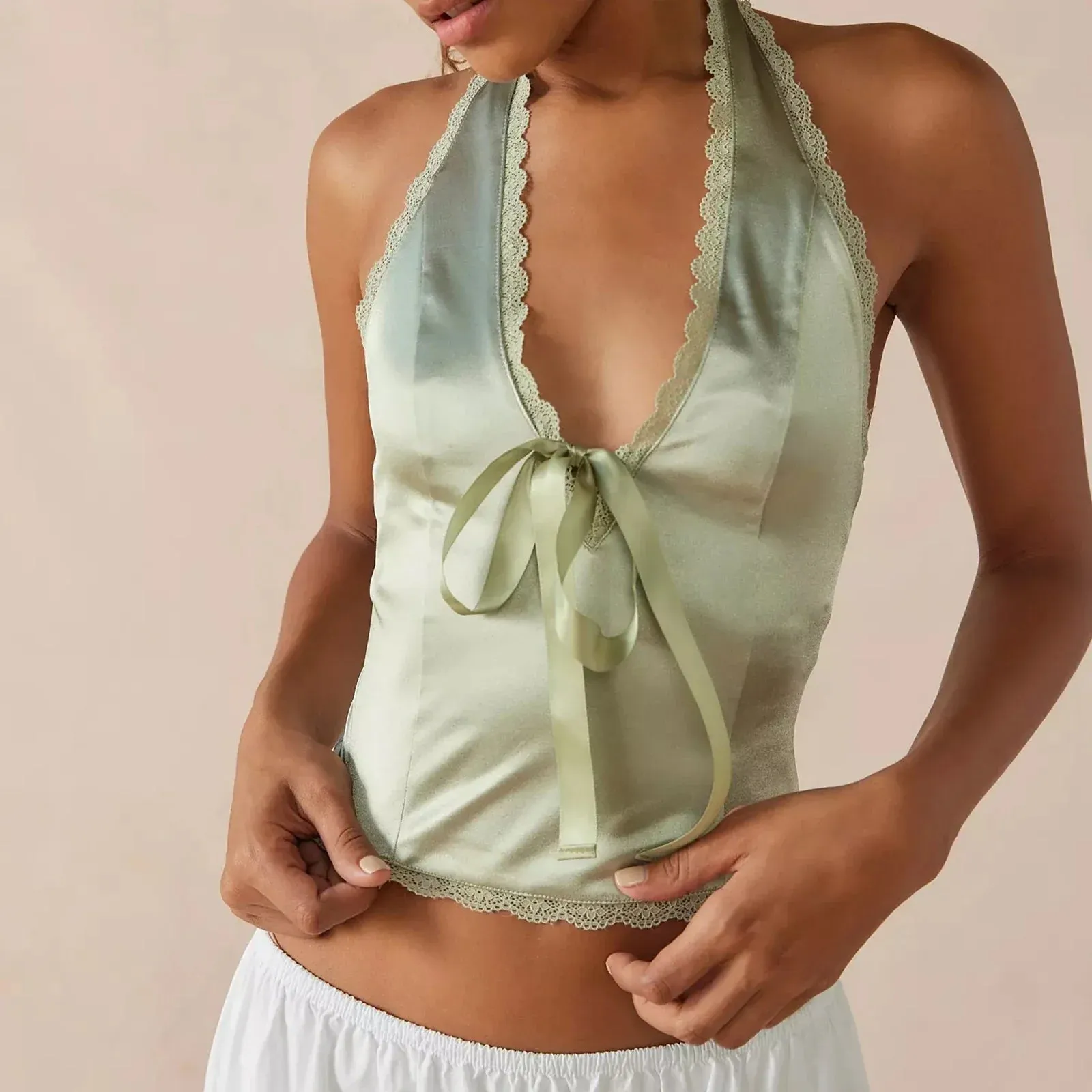 Women's Satin Halter Vest Lace Trim Front Bowknot V-Neck Backless Cropped Tank Y2k Top