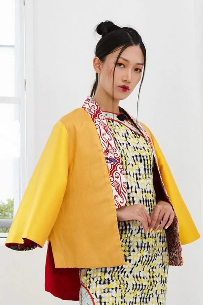 YELLOW COTTON, MIX BATIK AND RED PRINTED SATIN - REVERSIBLE SHAWL JACKET - MULTI