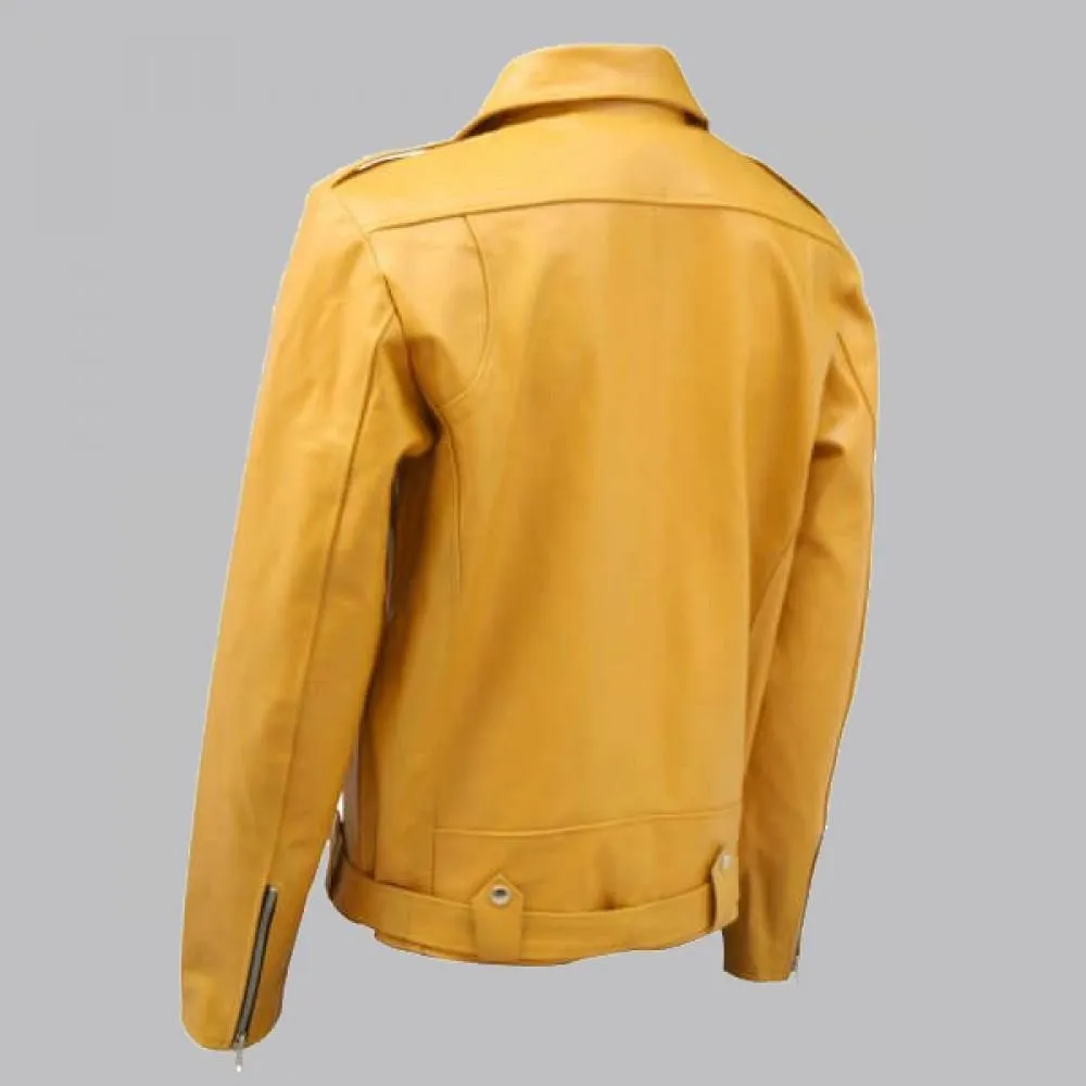 Yellow Men's Biker Leather Jacket with Adjustable Waist