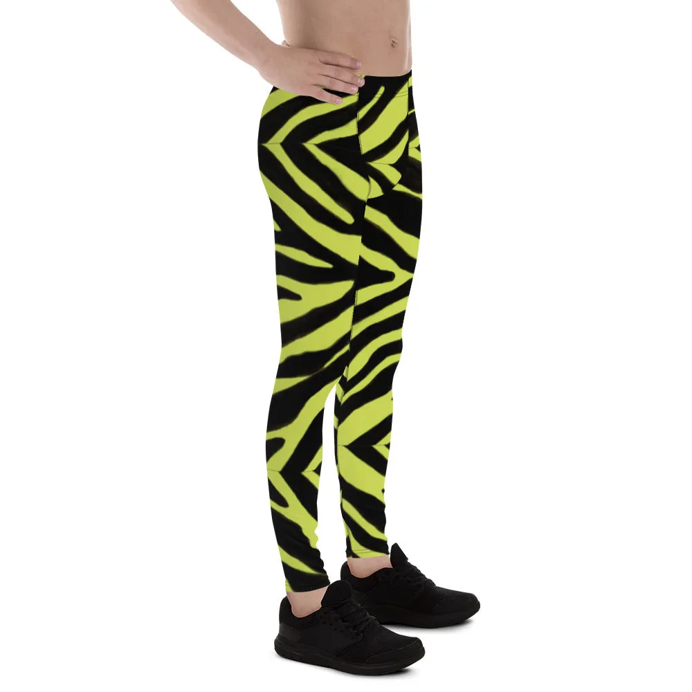 Yellow Zebra Print Men's Leggings, Zebra Striped Animal Print Designer Meggings Compression Tights For Men- Made in USA/EU