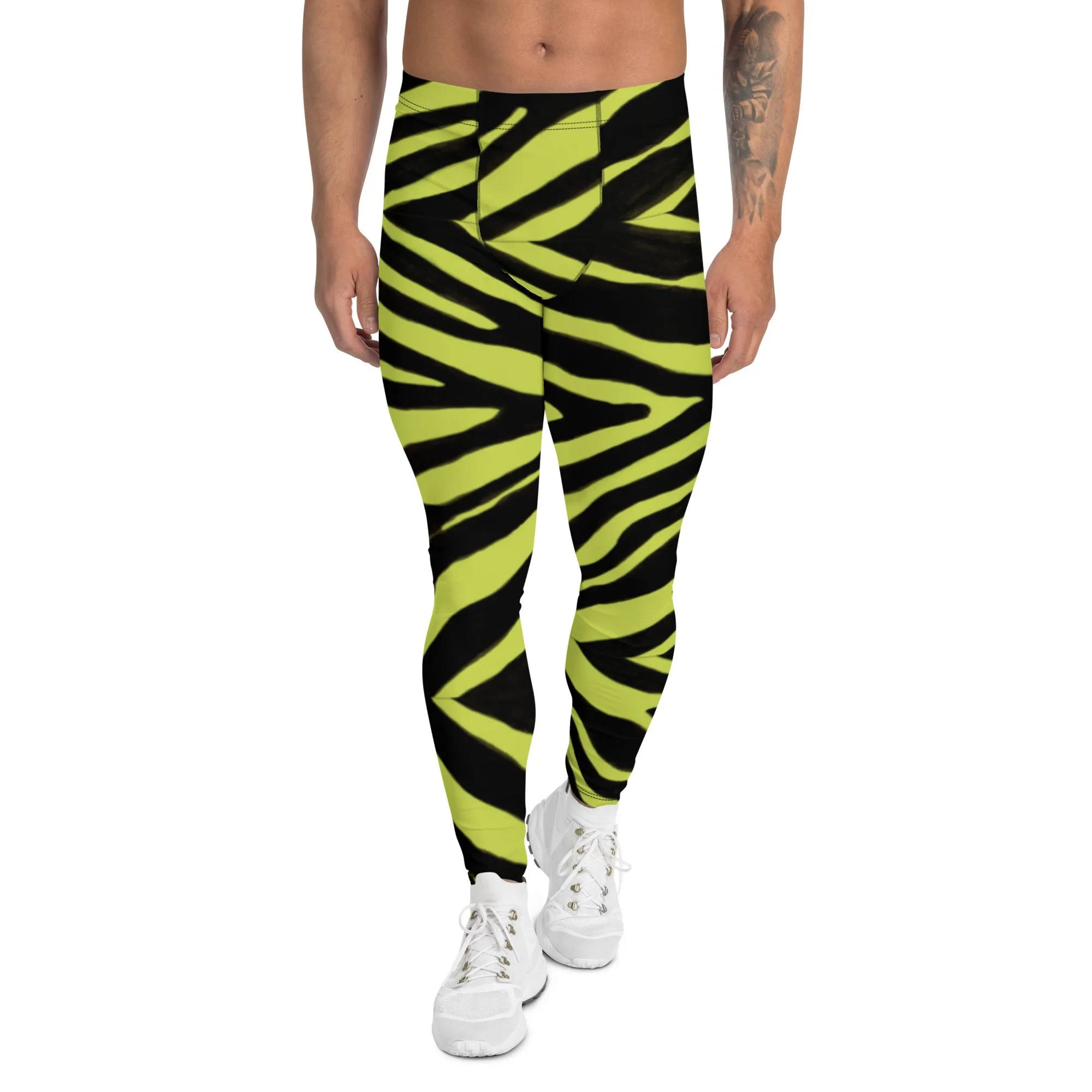 Yellow Zebra Print Men's Leggings, Zebra Striped Animal Print Designer Meggings Compression Tights For Men- Made in USA/EU