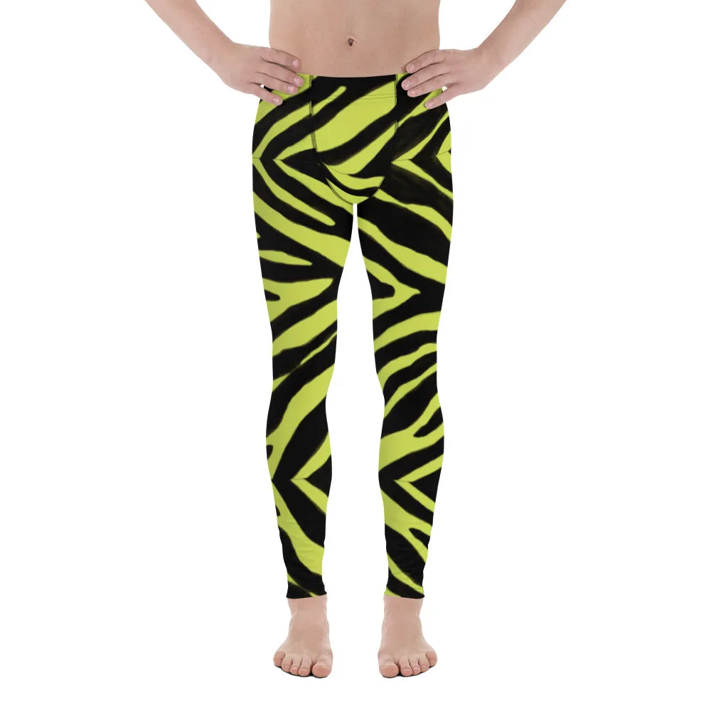 Yellow Zebra Print Men's Leggings, Zebra Striped Animal Print Designer Meggings Compression Tights For Men- Made in USA/EU