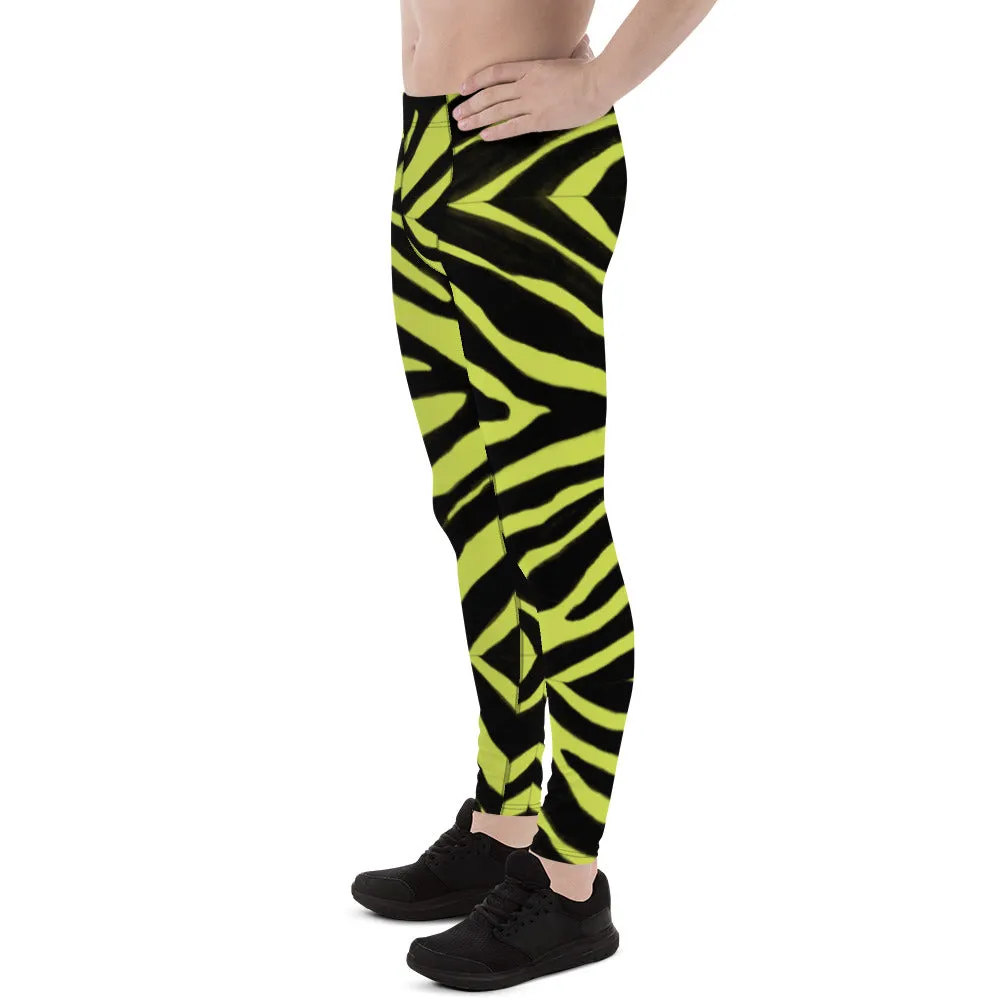 Yellow Zebra Print Men's Leggings, Zebra Striped Animal Print Designer Meggings Compression Tights For Men- Made in USA/EU